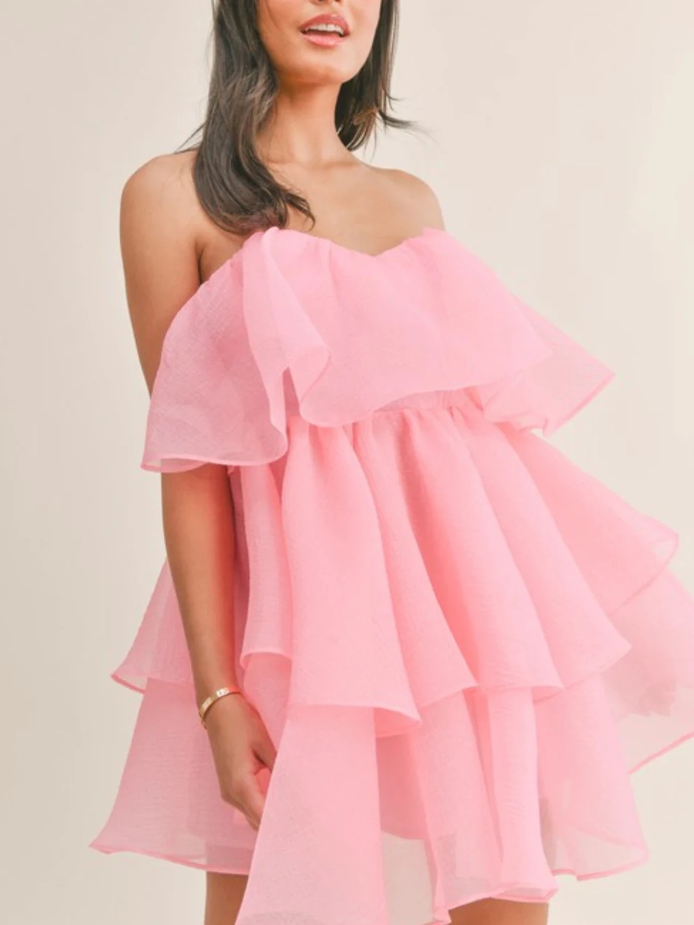 Pink Tiered Ruffle Strapless Mini Dress